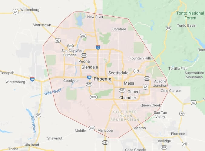 AZ Locksmith Today Service Area Map Outlining the Entire Valley